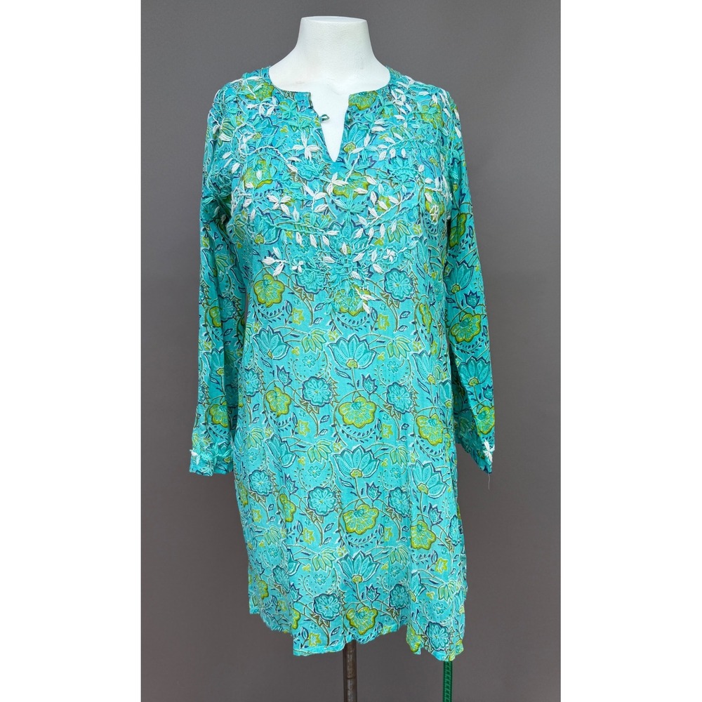 Raj Tunic Top Medium Turquoise Floral Cotton Hand Embroidered Boho Cottagecore